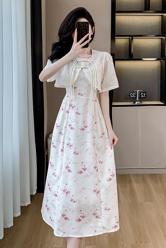 實拍新中式國風吊帶連衣裙兩件套2024夏季新款氣質改良旗袍套裝女