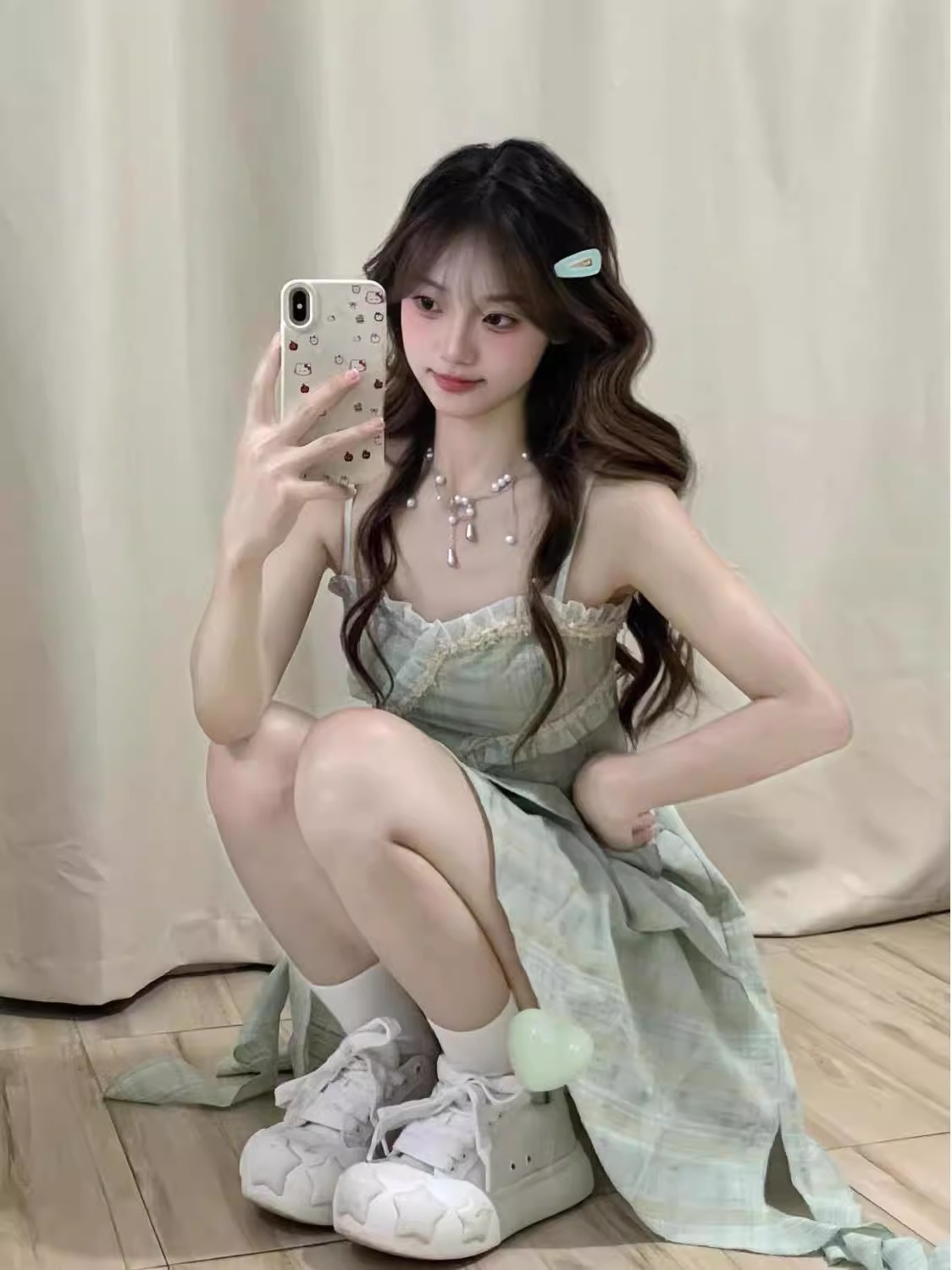 2026新款少女風甜美綠色無袖吊帶裙學生收腰顯瘦不規則中長裙