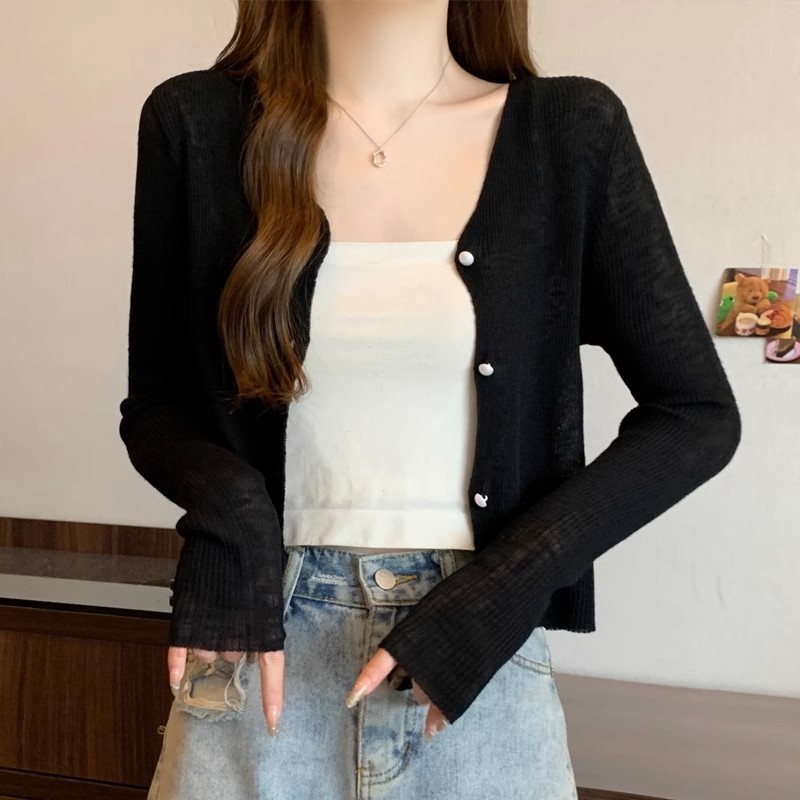 基礎款v領長袖黑色防曬衫女薄夏季新款韓版修身吊帶空調外罩衫女