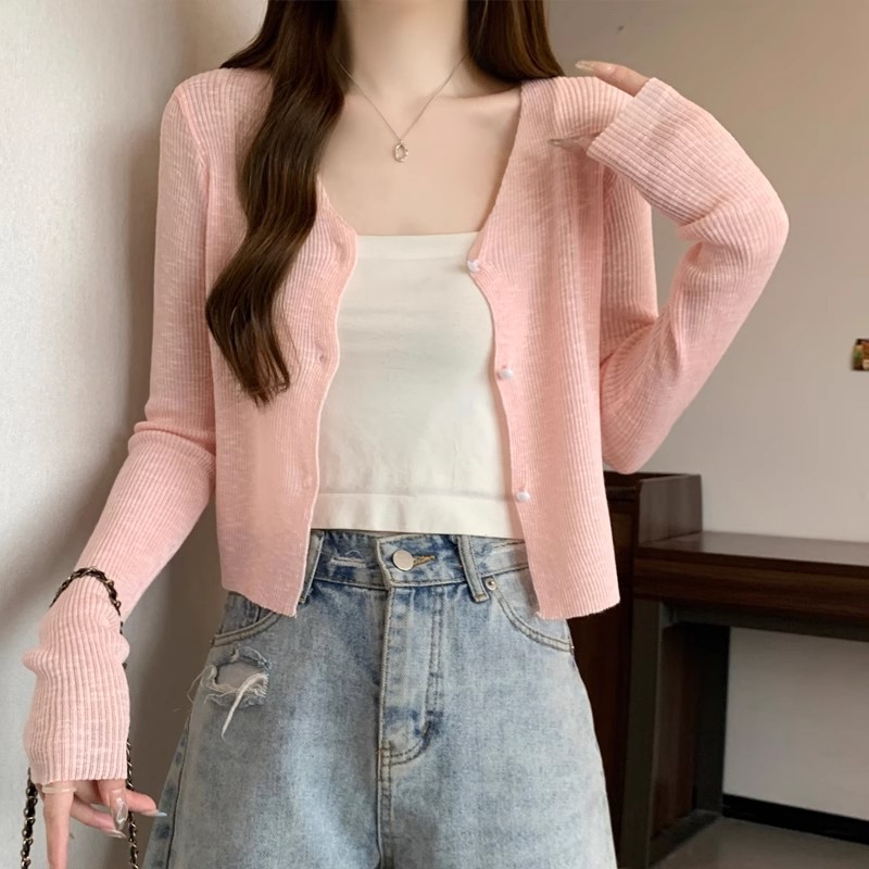 基礎款v領長袖黑色防曬衫女薄夏季新款韓版修身吊帶空調外罩衫女