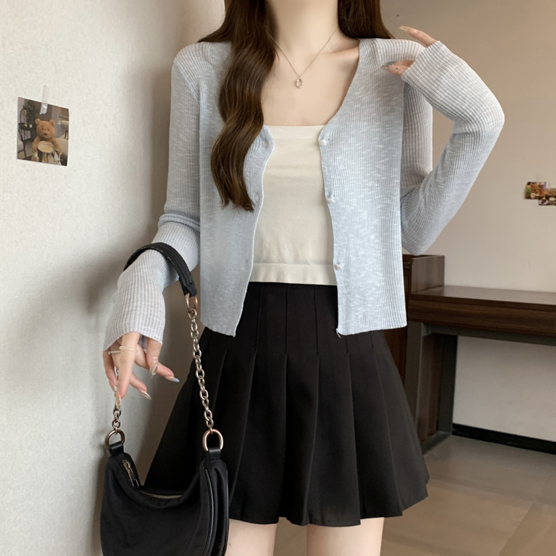 基礎款v領長袖黑色防曬衫女薄夏季新款韓版修身吊帶空調外罩衫女