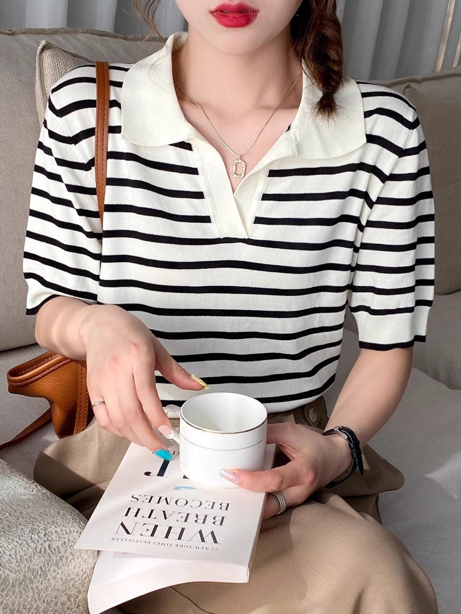 翻領polo衫薄款冰絲針織短袖黑白條紋V領T恤女復古短款寬松上衣潮