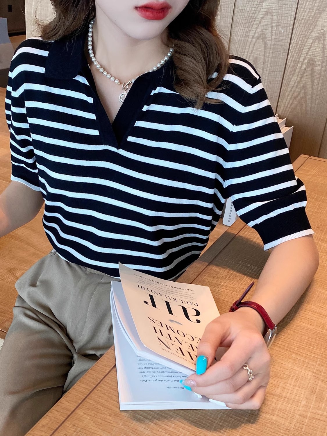 翻領polo衫薄款冰絲針織短袖黑白條紋V領T恤女復古短款寬松上衣潮