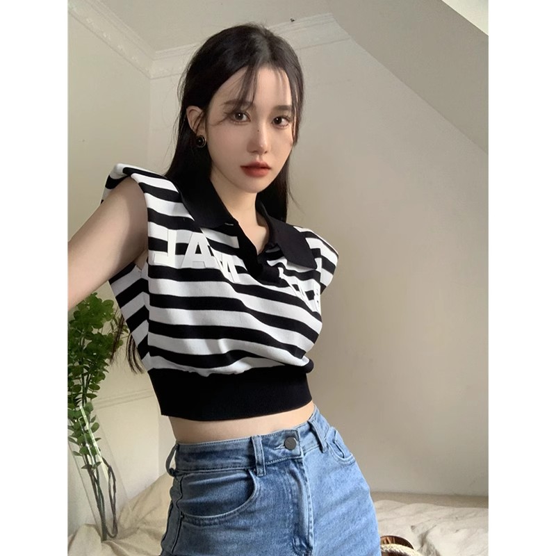 薄款無袖短袖短款背心女polo翻領收腰字母時髦小眾高級感針織上衣