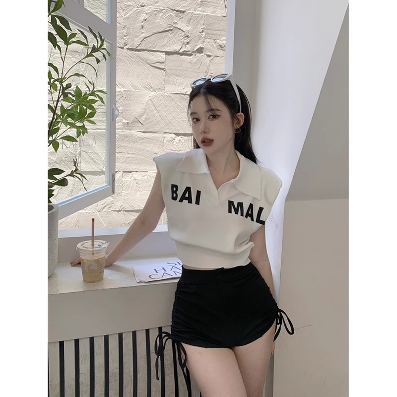 薄款無袖短袖短款背心女polo翻領收腰字母時髦小眾高級感針織上衣