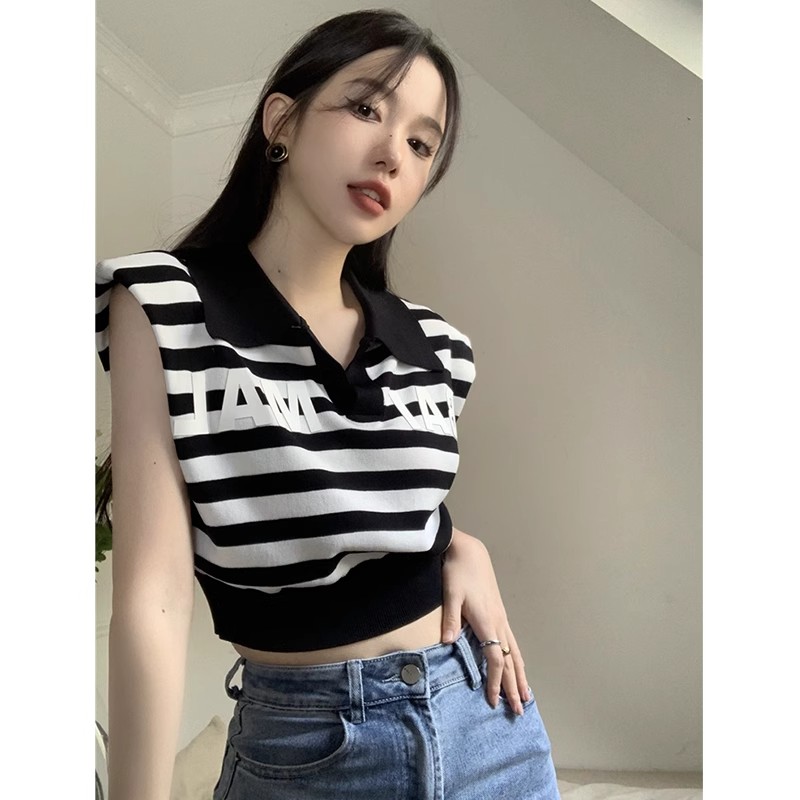 薄款無袖短袖短款背心女polo翻領收腰字母時髦小眾高級感針織上衣