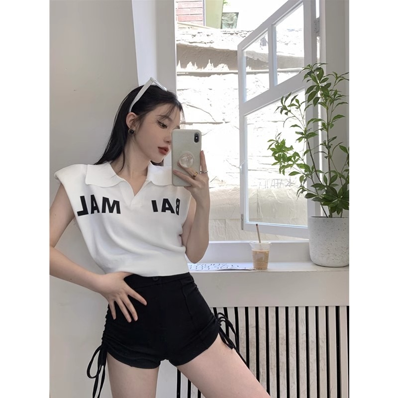 薄款無袖短袖短款背心女polo翻領收腰字母時髦小眾高級感針織上衣