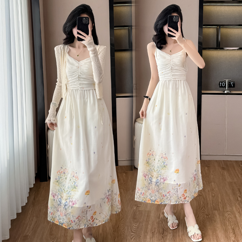 實拍清純風重工印花吊帶連衣裙女兩件套夏季收腰顯瘦溫柔百搭長裙