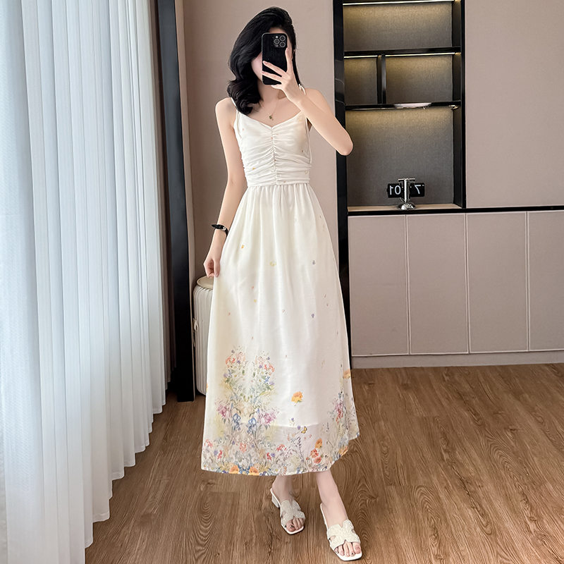 實拍清純風重工印花吊帶連衣裙女兩件套夏季收腰顯瘦溫柔百搭長裙