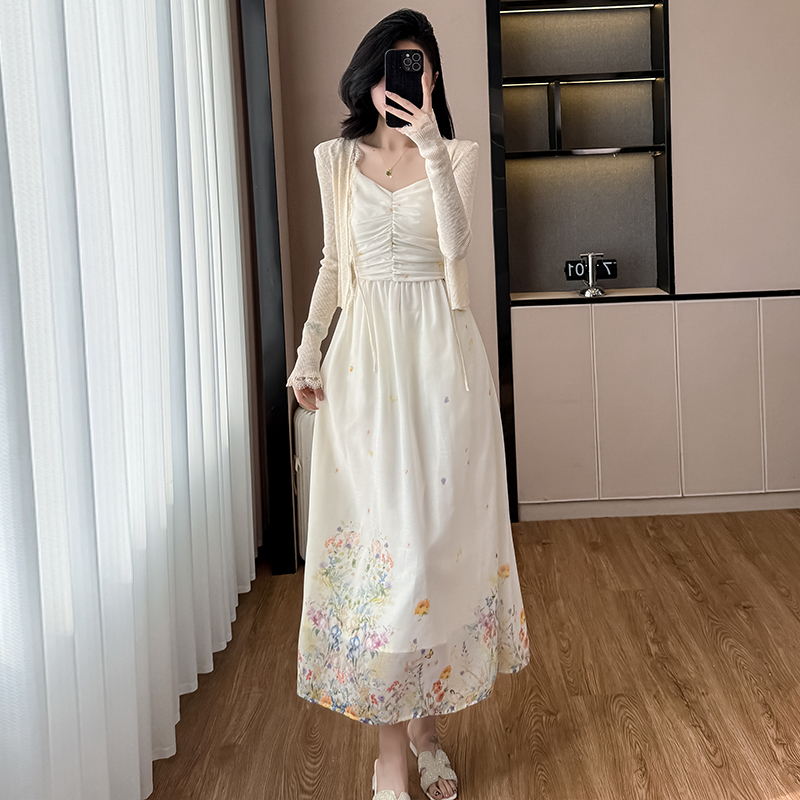 實拍清純風重工印花吊帶連衣裙女兩件套夏季收腰顯瘦溫柔百搭長裙
