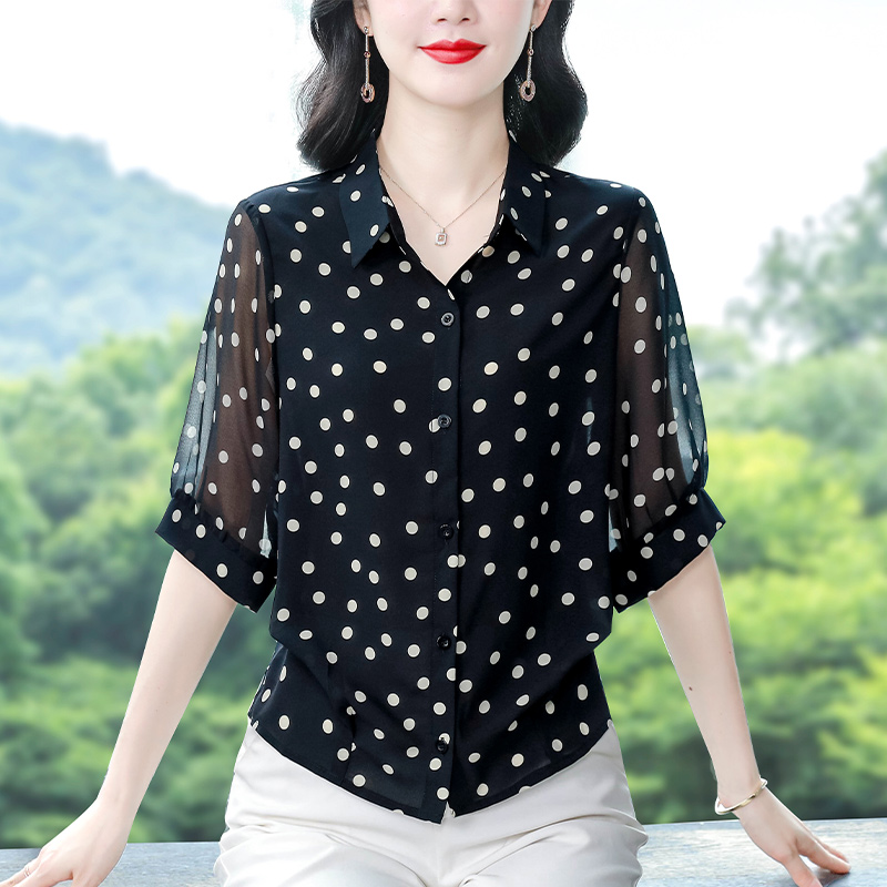 2025夏季新款波點短袖襯衣法式優雅上衣寬松遮肉大碼小衫