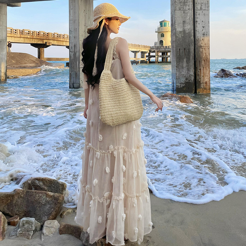 實拍法式浪漫花朵寬松慵懶顯瘦吊帶裙魚尾連衣裙度假長裙