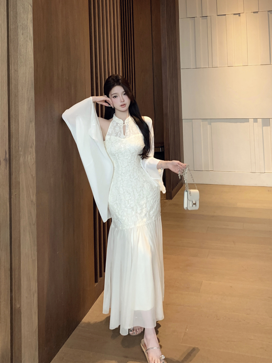 實拍復古性感氣質新中式提花旗袍連衣裙+防曬開衫兩件套女