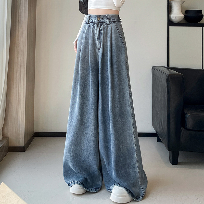 實拍復古闊腿牛仔褲天絲女春夏梨形身材高個子加長寬松直筒拖地褲