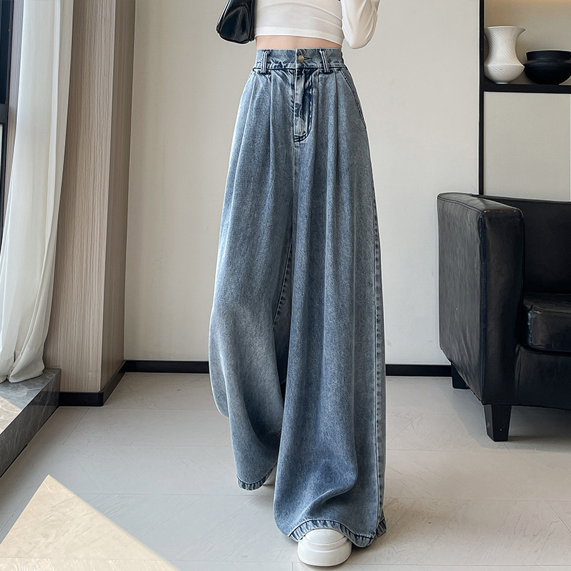 實拍復古闊腿牛仔褲天絲女春夏梨形身材高個子加長寬松直筒拖地褲