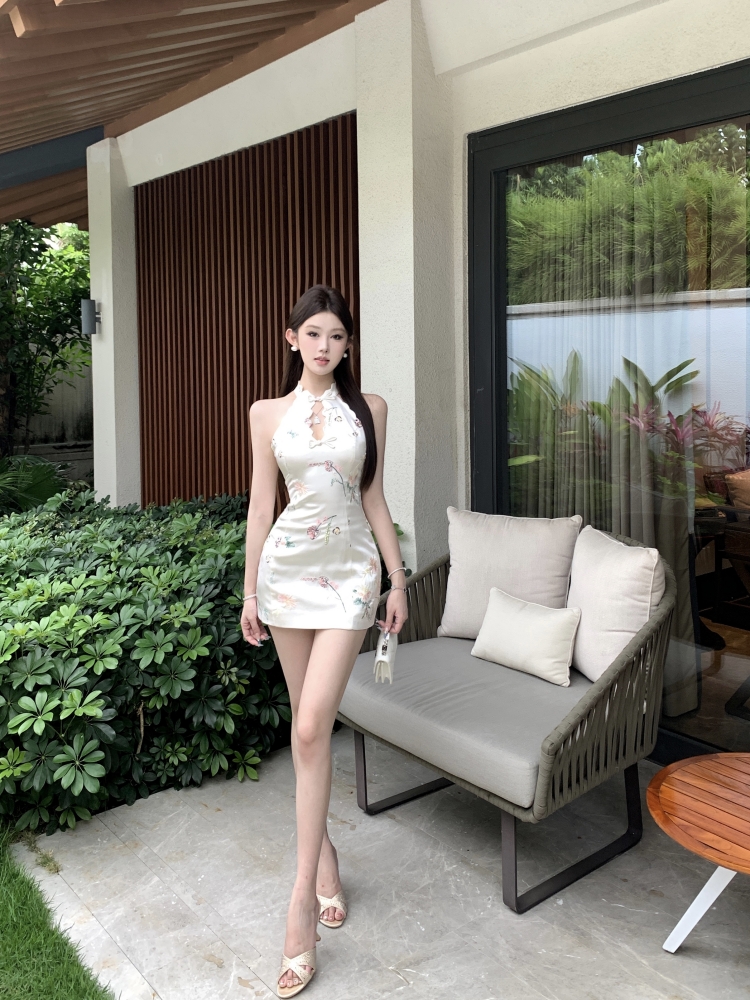 實拍實價 辣妹改良珠片刺繡國風旗袍短款包臀