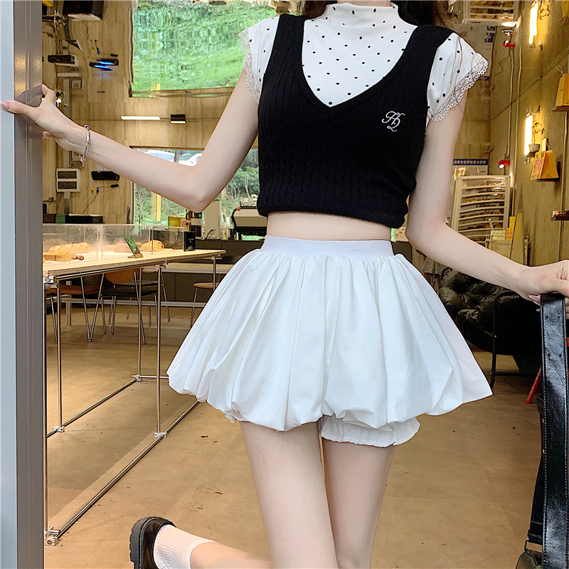 實拍實價 撞色格子花苞半身裙女春夏新款百搭高腰顯瘦A字裙蓬蓬裙