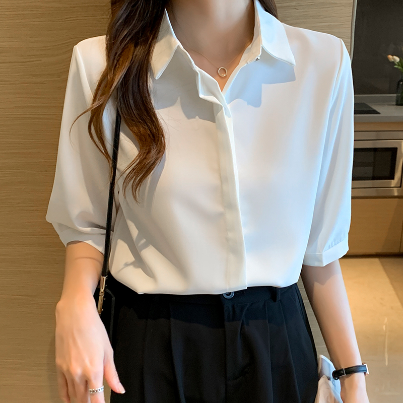 免燙白襯衫職業女26夏款短袖抗皺設計感小眾高檔緞面氣質輕熟上衣