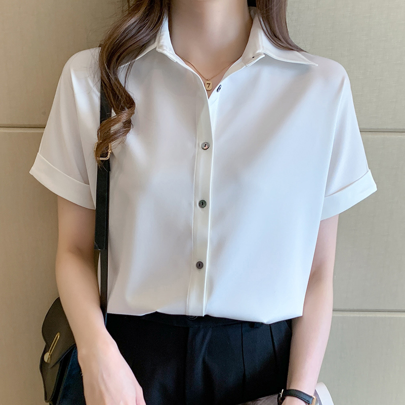 4色 緞面短袖襯衫女夏正裝polo職業高端氣質綢緞上衣通勤面試襯衣