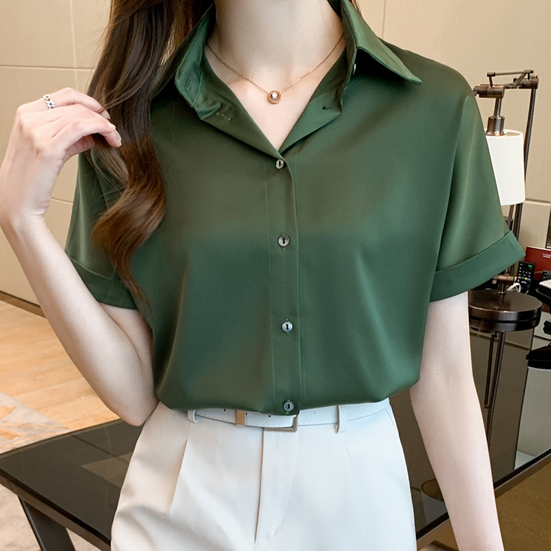 4色 緞面短袖襯衫女夏正裝polo職業高端氣質綢緞上衣通勤面試襯衣