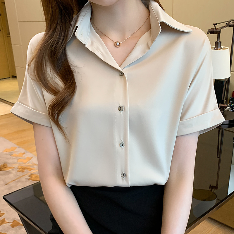 4色 緞面短袖襯衫女夏正裝polo職業高端氣質綢緞上衣通勤面試襯衣