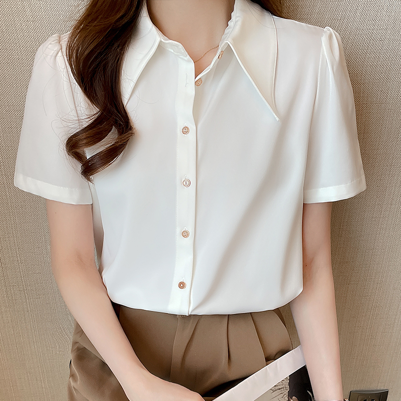 2025春夏白色尖領緞面短袖襯衫女職業通勤垂感百搭正裝港風仿真絲