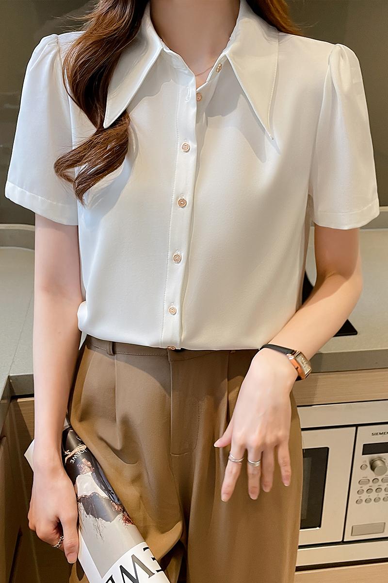 2025春夏白色尖領緞面短袖襯衫女職業通勤垂感百搭正裝港風仿真絲