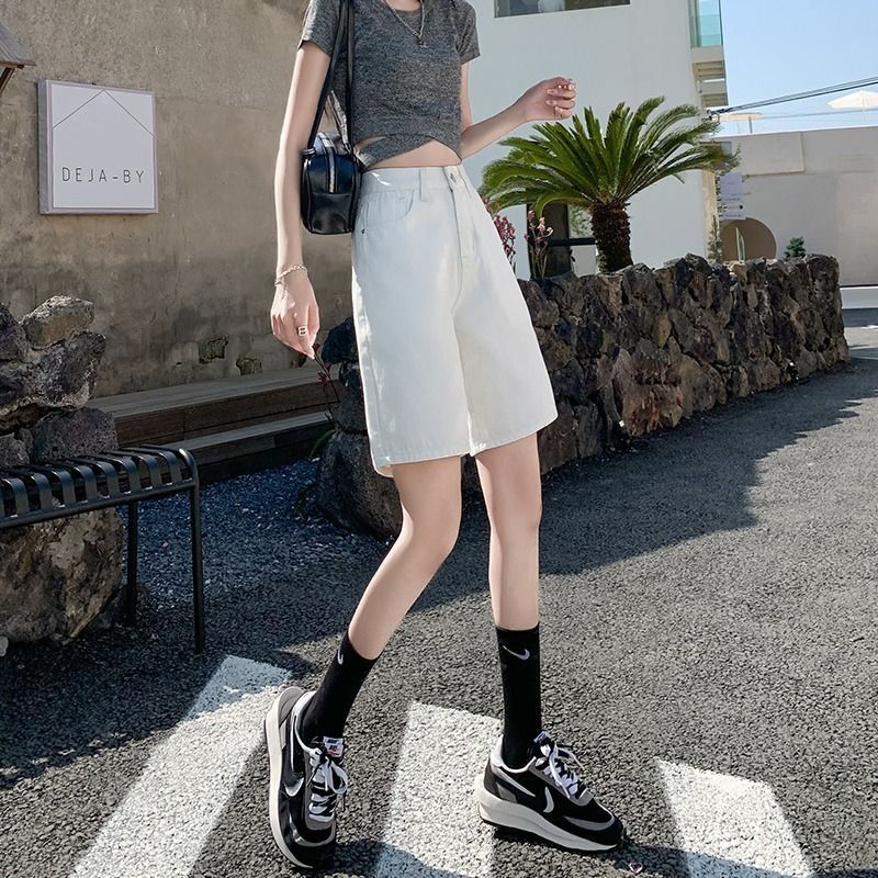 五分牛仔短褲女夏季薄款2026年新款白色高腰直筒寬松闊腿5分中褲