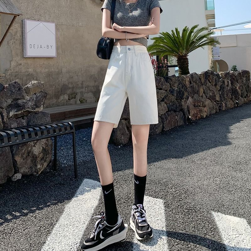 五分牛仔短褲女夏季薄款2026年新款白色高腰直筒寬松闊腿5分中褲