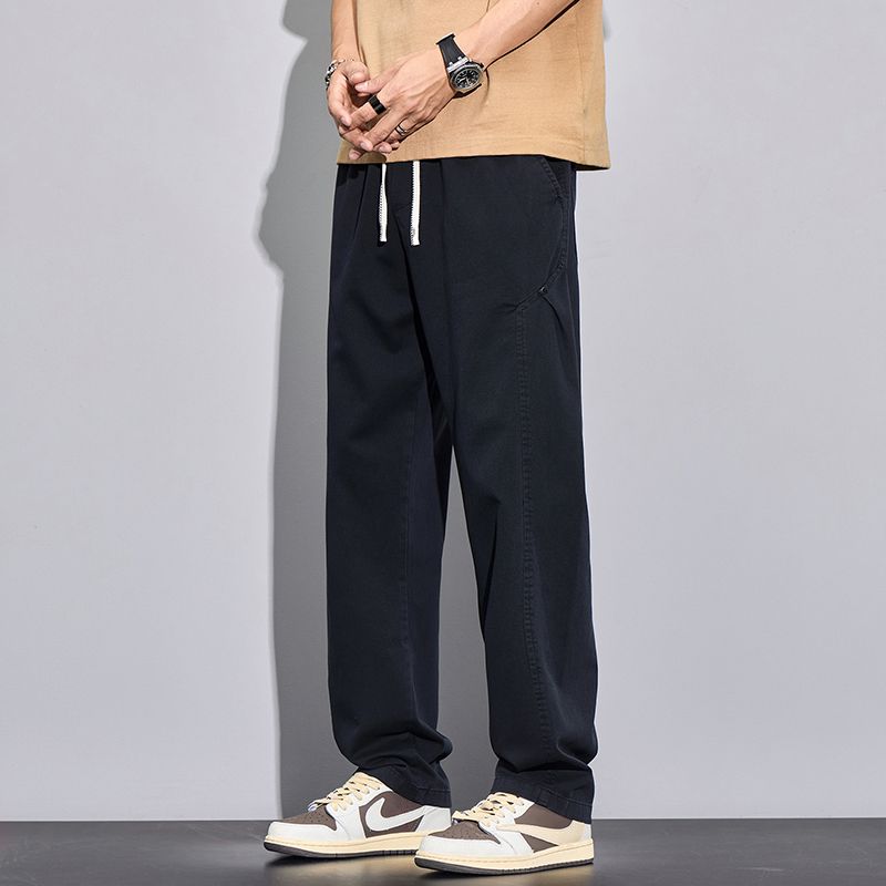實拍2025夏季純棉水洗闊腿休閑褲男復古工裝褲寬松直筒大碼長褲