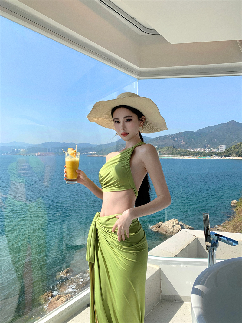 歐美港風穿搭女網紅度假套裝時尚別致斜肩小背心高腰綁帶開叉長裙