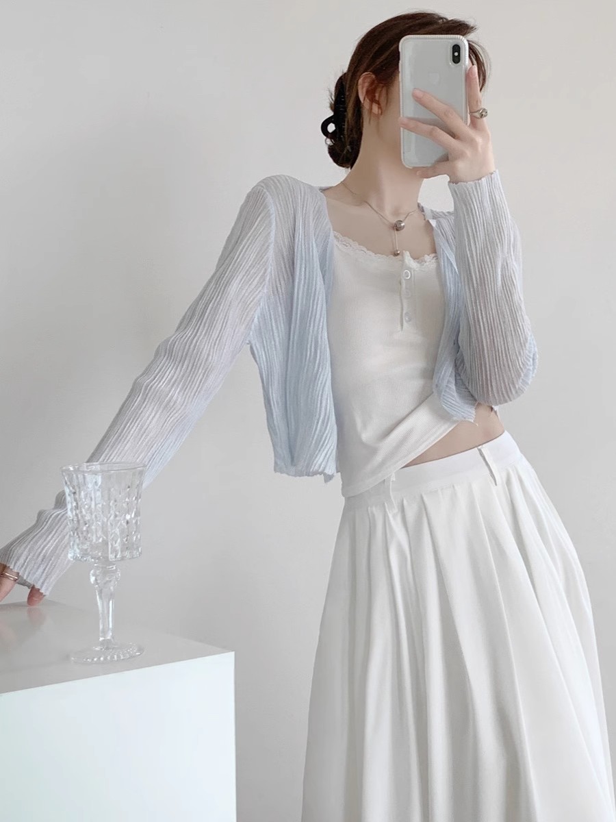 防曬開衫女薄款配吊帶裙夏季短款上衣竹節麻冰絲外搭長袖v領罩衫