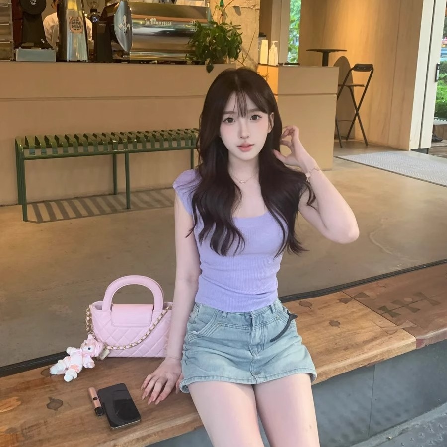 韓版純色冰絲針織U領短袖T恤女夏季薄款掐腰顯瘦簡約百搭氣質上衣