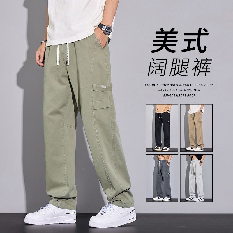 實拍夏季純棉水洗闊腿褲男美式復古工裝褲寬松直筒大碼休閑褲男