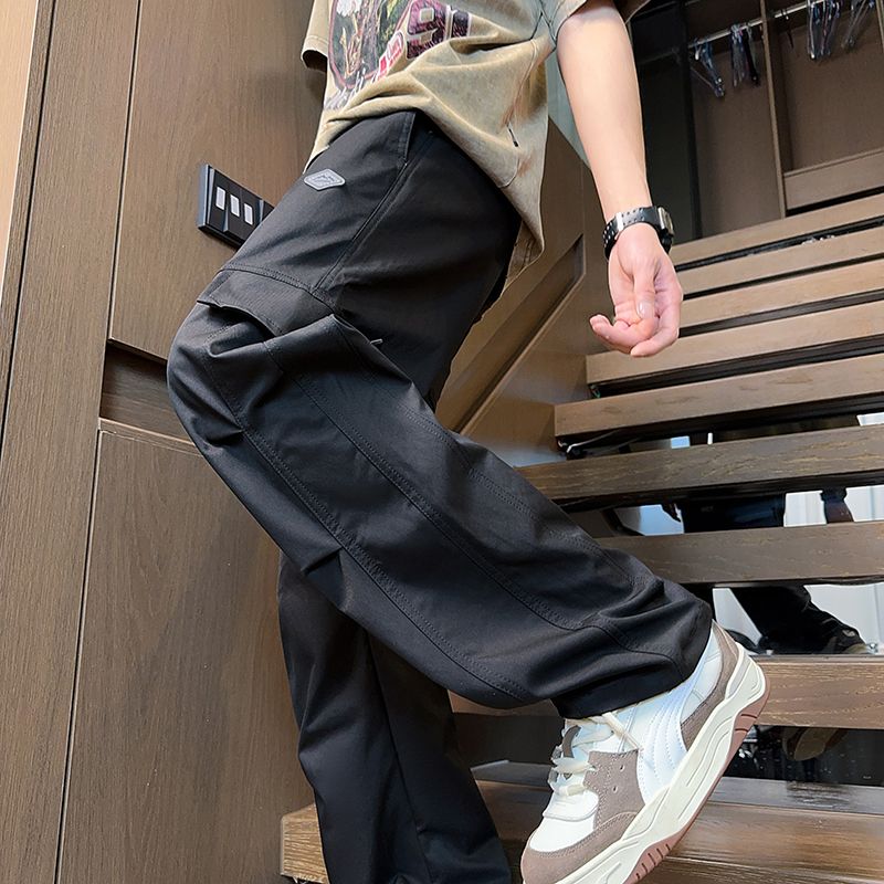 實拍2025春夏新款傘兵褲男闊腿冰絲薄款休閑褲男寬松直筒工裝長褲