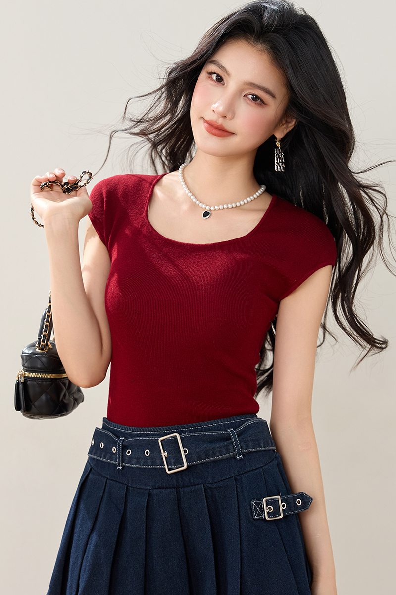 實拍◆◆新款紅色坑條針織衫U領修身毛衫顯瘦簡約女
