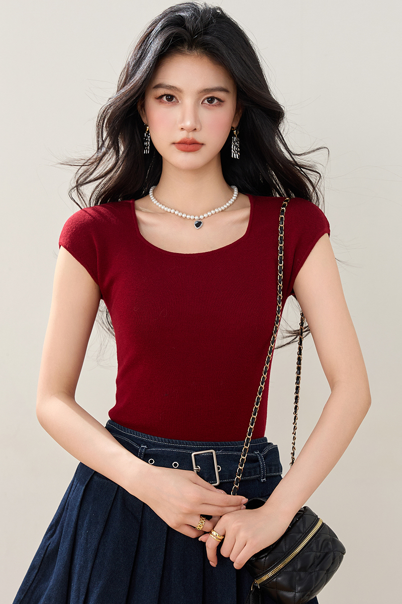實拍◆◆新款紅色坑條針織衫U領修身毛衫顯瘦簡約女
