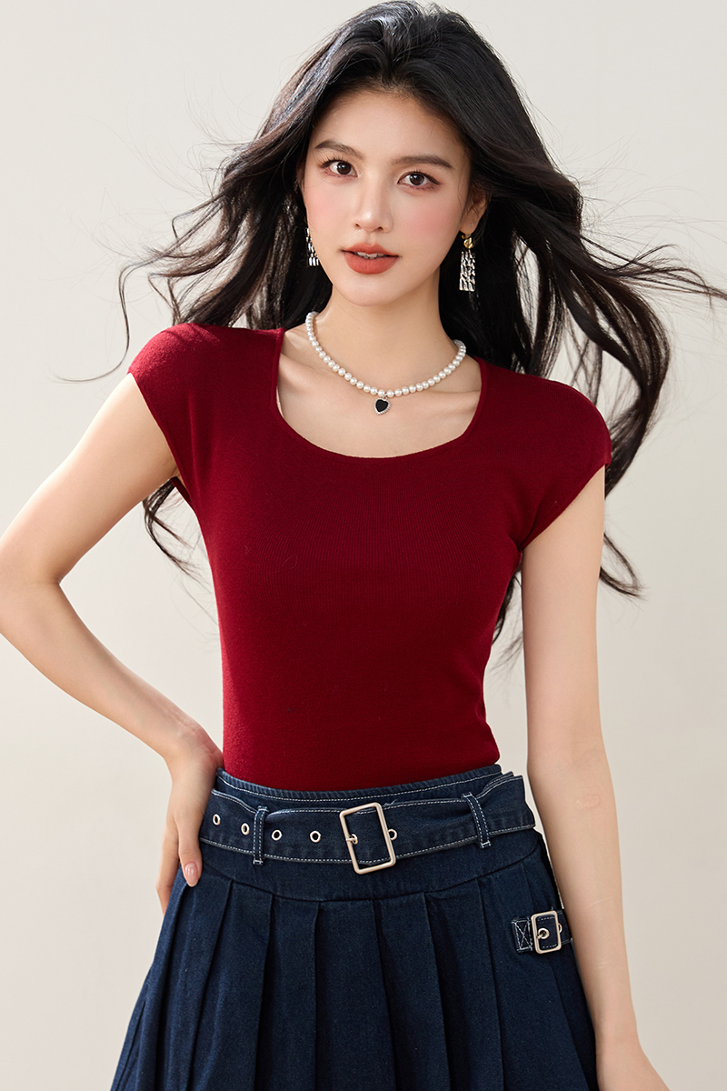 實拍◆◆新款紅色坑條針織衫U領修身毛衫顯瘦簡約女
