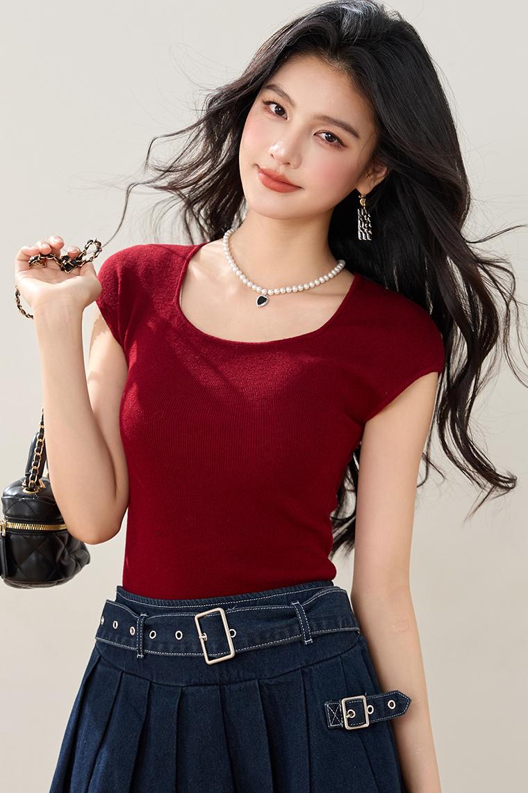 實拍◆◆新款紅色坑條針織衫U領修身毛衫顯瘦簡約女