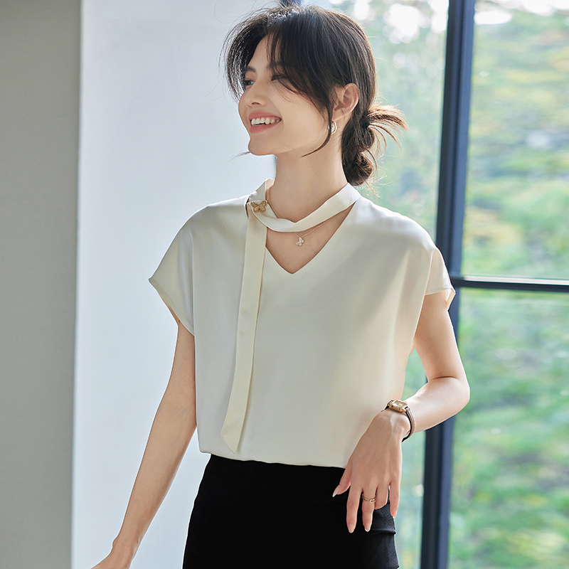 實拍2026夏季新款韓版百搭飄帶短袖襯衫女上衣夏