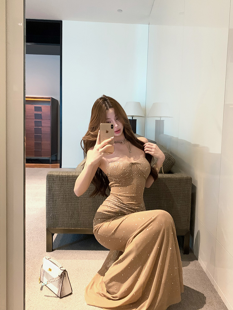 實拍實價 燙鉆宴會禮服抹胸辣妹修身帶胸墊長款連衣裙