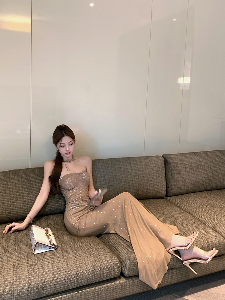 實拍實價 燙鉆宴會禮服抹胸辣妹修身帶胸墊長款連衣裙