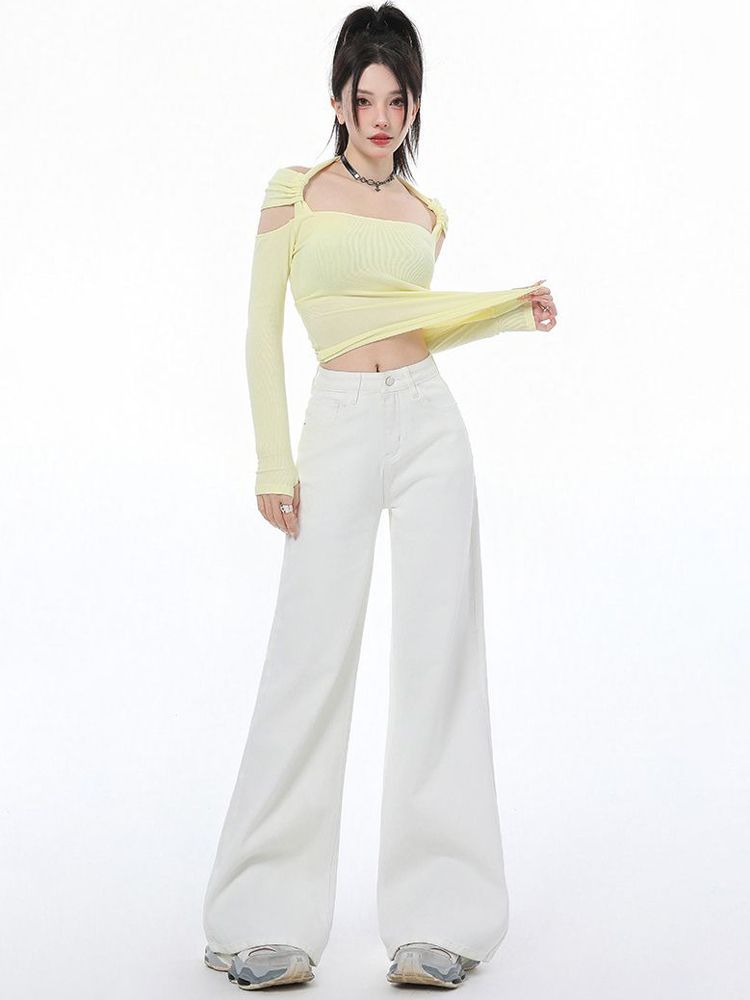 白色微喇叭牛仔褲女2026春夏新款闊腿低腰寬松垂感拖地不貼腿褲子