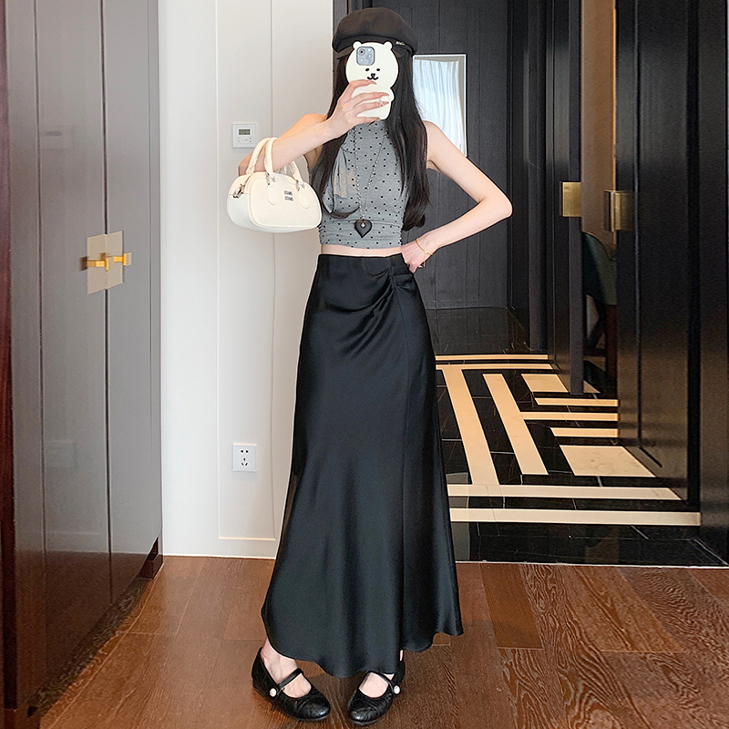 實拍醋酸綢緞面魚尾半身裙女垂墜感高腰a字包臀裙不規則裙子