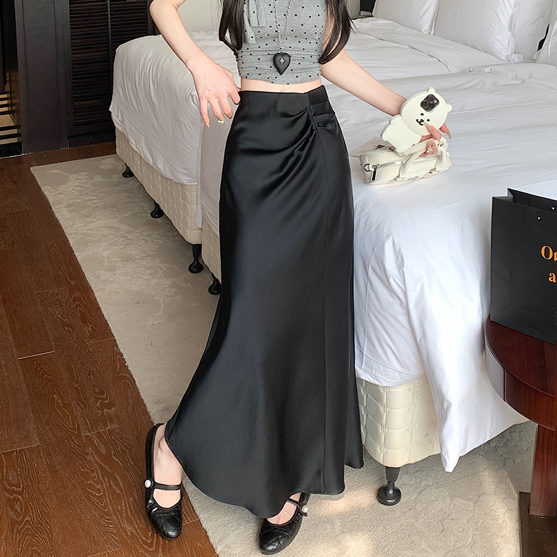 實拍醋酸綢緞面魚尾半身裙女垂墜感高腰a字包臀裙不規則裙子