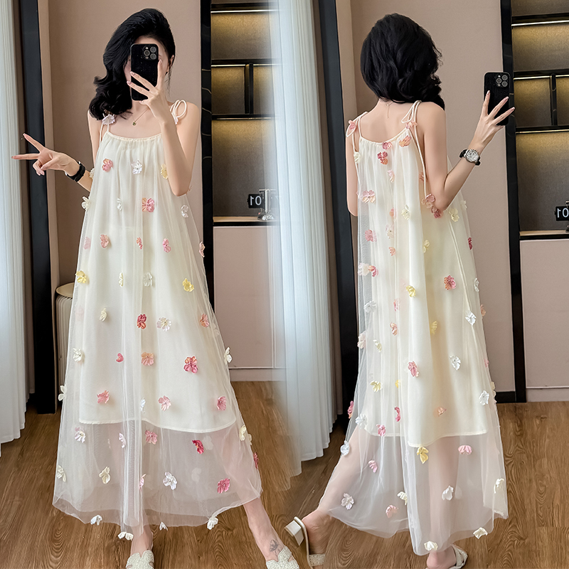 實拍立體花朵吊帶禮服裙法式小眾設計感訂婚出閣輕婚紗修身顯瘦裙