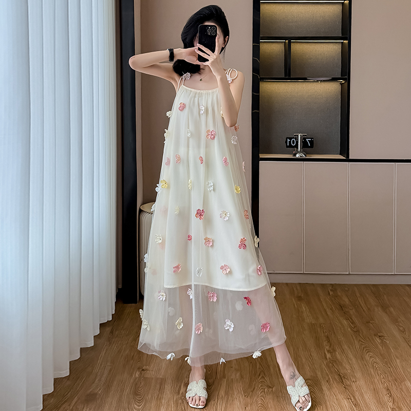 實拍立體花朵吊帶禮服裙法式小眾設計感訂婚出閣輕婚紗修身顯瘦裙