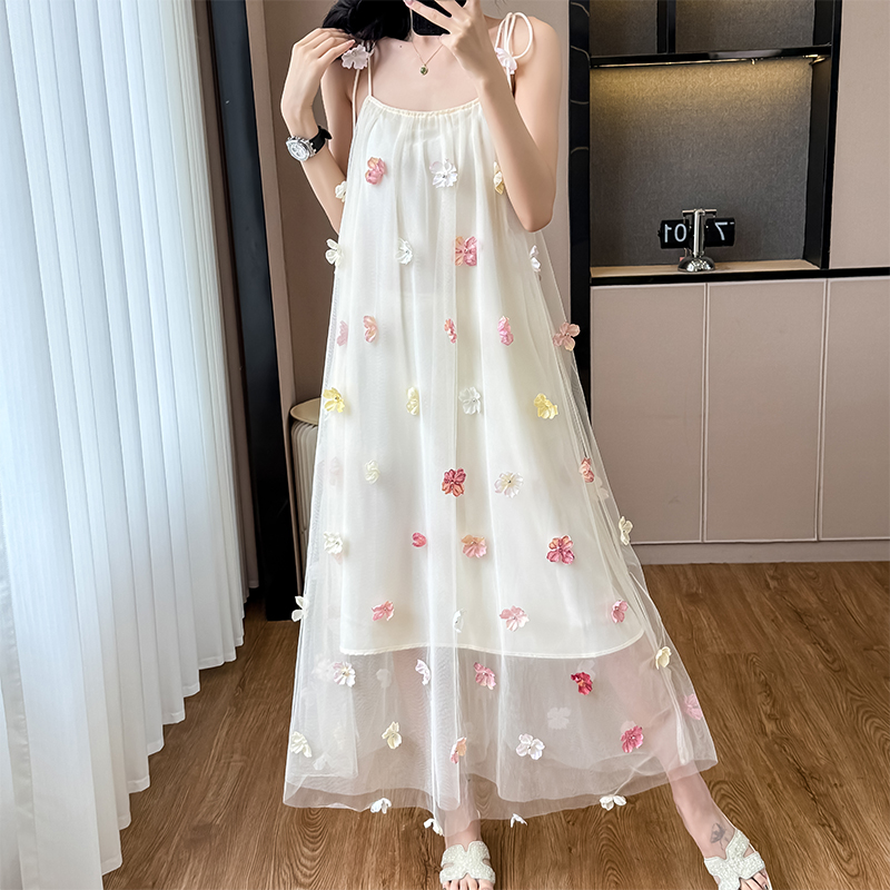 實拍立體花朵吊帶禮服裙法式小眾設計感訂婚出閣輕婚紗修身顯瘦裙