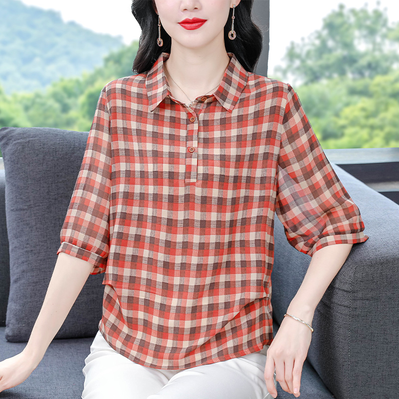 2025夏季新款大碼女裝襯衫時尚格子套頭短袖上衣遮肉顯瘦小衫