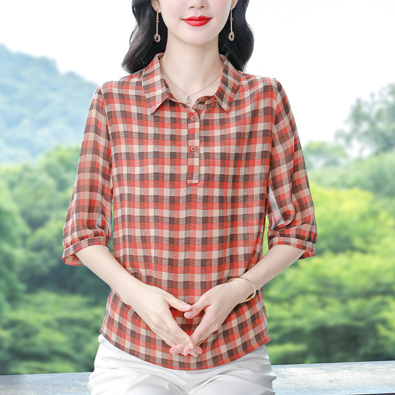 2025夏季新款大碼女裝襯衫時尚格子套頭短袖上衣遮肉顯瘦小衫